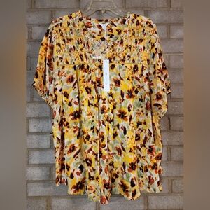 intro. Floral Yellow & Brown Short Sleeve Blouse